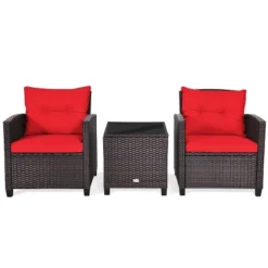 Tangkula 3PCS Wicker Cushioned Conversation Set Outdoor Rattan Furniture W/Beige/Red/Black/Navy/Off White/Turquoise Cushions -Tangkula GUEST c12a0f55 0ddb 49b8 a32a e235e63c4683