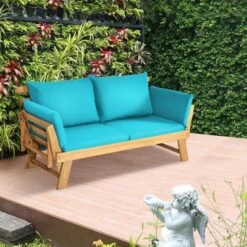 Tangkula Adjustable Patio Sofa Daybed Acacia Wood Furniture W/ Navy & Turquoise Sets Cushion -Tangkula GUEST c13da35b fda5 43fd 9a50 5418ef1075b4