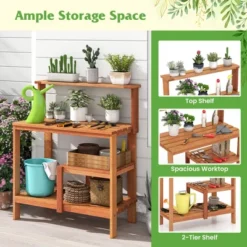 Tangkula Outdoor Potting Bench Table W/Open Shelves Teak Oil Finish Gardening Workstation -Tangkula GUEST c2fd8369 baa6 4df7 92af 1007627185af