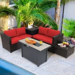 Tangkula 5PCS Patio Rattan Furniture Set Fire Pit Table W/ Cover Storage Cushion -Tangkula GUEST c4363955 150a 40cc 9f96 80f06e1070c7