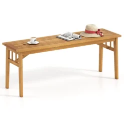 Tangkula 2 PCS Acacia Wood Outdoor Bench 48" Long Backless Wooden Picnic Bench W/ Slatted Seat -Tangkula GUEST c55f1ad1 b0c9 4c8e 8e5e 8e707c9e67c7