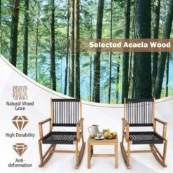 Tangkula 3 Piece Acacia Wood Rocking Chair Set W/ Coffee Table & All-Weather Rope Patio Poolside -Tangkula GUEST c57c4d22 2783 4bd8 8f74 a53fe2f71cb1