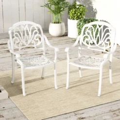Tangkula Set Of 2 Cast Aluminum Patio Dining Chairs Stackable Outdoor Dining Chairs With Armrests Outdoor Bistro Chairs White -Tangkula GUEST c60df07f 0d6c 4ee0 a6ea c1ab8b9985c3