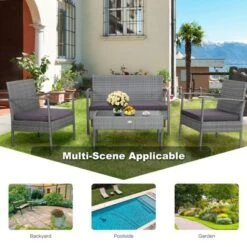Tangkula Patio Rattan 4PCS/8PCS Cushioned Chair Side Table Classic Furniture Set Bistro Set Single Sofa Thick Cushion Loveseat For Garden Grey