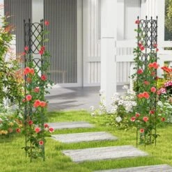 Tangkula Garden Trellis Outdoor Plant Support Frame With Adjustable Shapes Ground Stakes Rustproof PE Coating Pipes 1/2pcs