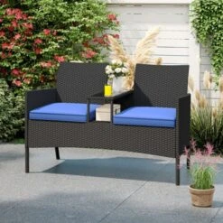 Tangkula Outdoor Rattan Loveseat 2-Seat Patio Conversation Set With Built-in Coffee Table Cushions Wicker Bench Furniture Blue -Tangkula GUEST c789322f d7b2 48c3 ae37 bf70d64b3ac9