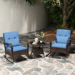 Tangkula 3 Piece Outdoor Rocking Set Rattan Rocker Chairs W/ Tempered Glass Coffee Table