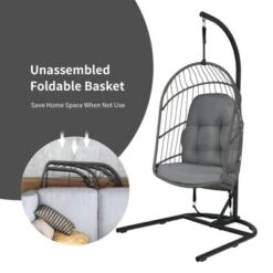 Tangkula Modern Rattan Hanging Egg Swing Chair W/Stand Foldable Cushioned Hammock Gray/Beige -Tangkula GUEST c928febf ae37 4fd8 95bf 0637f378599c