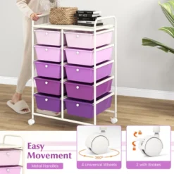 Tangkula 10 Drawers Rolling Cart Classroom Organizers Storage Cart With Wheels For Office Home School Supplies Tool Craft Art Paper Purple Gradient -Tangkula GUEST c92ad87f 8079 4fbc 8d7c 3b5341cc74cd