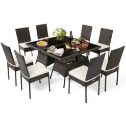 Tangkula 10 PCS Rattan Dining Set W/ Glass Table & High Back Chair Patio Mix Brown