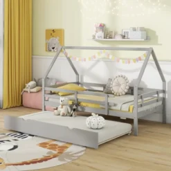 Tangkula Twin Size House Bed W/ Trundle Wooden Kids Bed W/ Safety Rails & Decorable Roof -Tangkula GUEST c93747f6 ac10 4fbd 9297 73ccddf3ab64