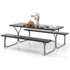 Tangkula Picnic Table Bench Set For 8 Person Outdoor Camping Table & 2 Benches With Metal Frame All-Weather Tabletop Black/Grey/Green/White -Tangkula GUEST c95552a0 90c7 4853 9bc7 59091a4375e5