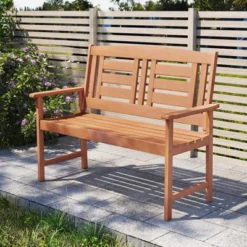 Tangkula Patio Wood Bench Garden Loveseat W/Inclined Backrest Long Armrests Wood Grain