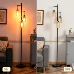 Tangkula 3 Lights Floor Lamp Retro Floor Lamp With 3-Head Hanging Amber Glass Shade Foot Switch Metal Base Industrial Floor Lamp Black -Tangkula GUEST c9c2c6e1 087c 496e 981b 0c2a3f8a8638