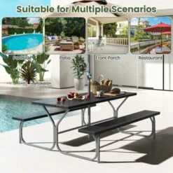 Tangkula Picnic Table Bench Set For 8 Person Outdoor Camping Table & 2 Benches With Metal Frame All-Weather Tabletop Black/Grey/Green/White -Tangkula GUEST ca0931ad f54e 4f01 b7ef 9985ed761455