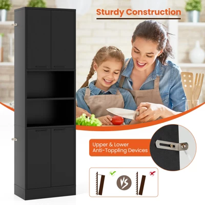 Tangkula Kitchen Pantry Cabinet 75” Tall Freestanding Cupboard With Doors & Shelves Safety Hinges & Anti-tipping Devices Black/White 6 Tangkula Kitchen Pantry Cabinet 75” Tall Freestanding Cupboard With Doors & Shelves Safety Hinges & Anti-tipping Devices Black/White - Image 4