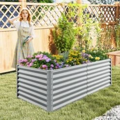 Tangkula Raised Garden Bed Large Metal Planter Box Kit For Vegetable Herb 6' X 3' X 2' Gray