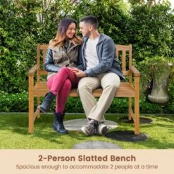 Tangkula 2-Person Outdoor Bench Patio Wooden Bench With Ergonomic Backrest & Armrests All-weather Acacia Wood Frame 43"x 22" -Tangkula GUEST cb1bac36 bd7c 41a4 93b0 db9f7a363e1b