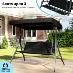 Tangkula 3-Person Porch Swing W/ Stand W/ Rattan Seat Back Metal Frame Adjustable Shade -Tangkula GUEST ce3952df 68dd 4b14 8351 f04176b65baf
