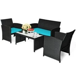 Tangkula 4 Piece Outdoor Patio Rattan Furniture Set Turquoise Cushioned Seat For Garden, Porch, Lawn -Tangkula GUEST ce784a0b 2733 4b45 8214 2c6e0a62a346