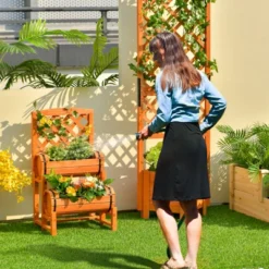 Tangkula 2-Tier Raised Garden Bed With Trellis Wooden Planter Container With 2 Planter Boxes For Climbing Plants Flower Herb Growing