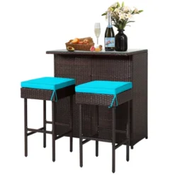Tangkula 3PCS Patio Wicker Rattan Bar Set Table W/2 Turquoise Cushioned Stools -Tangkula GUEST cf1b3647 163c 496f aae4 0f19d4e604c0