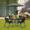Tangkula 6-Piece Patio Dinning Sets Garden Table Set Outdoor Folding Chairs & Glass Table Set W/ Umbrella Grey