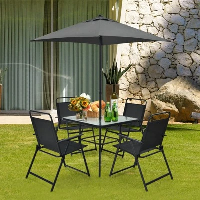 Tangkula 6-Piece Patio Dinning Sets Garden Table Set Outdoor Folding Chairs & Glass Table Set W/ Umbrella Grey 3 Tangkula 6-Piece Patio Dinning Sets Garden Table Set Outdoor Folding Chairs & Glass Table Set W/ Umbrella Grey