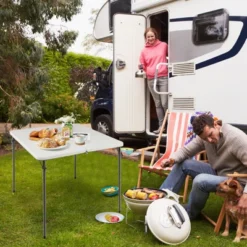 Tangkula Folding Camping Table Portable Picnic Table With All-Weather HDPE Tabletop Metal Frame & Carry Straps White/Gray
