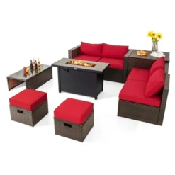 Tangkula 9 Pieces Outdoor Patio Furniture Set With 42" Propane Fire Pit Table Outdoor PE Wicker Space-Saving Sectional Sofa Set Black/Gray/Navy/Red/Turquoise/Off White -Tangkula GUEST d01c4ccd 0daa 45bd 9449 7f4838789e97