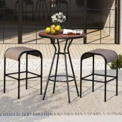 Tangkula 3 PCS Patio Bistro Set Round Table W/ 1.6" Umbrella Hole & 2 Stools Metal Frame