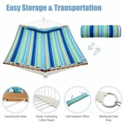 Tangkula Portable Hammock W/ Spreader Bars & Detachable Pillow Quick Dry & Water Proof Material Woven Cotton Rope Blue + Green/Light Blue + Yellow -Tangkula GUEST d2898837 2b39 41dc a3b8 a0d475ce672a