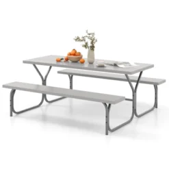 Tangkula Picnic Table Bench Set For 8 Person Outdoor Camping Table & 2 Benches With Metal Frame All-Weather Tabletop Black/Grey/Green/White -Tangkula GUEST d29150eb 7228 4616 b621 de4d05ca1fb6