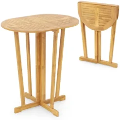 Tangkula Outdoor Folding Bar Table W/ Oval Tabletop & Cross Base For Patio Natural -Tangkula GUEST d37670b3 dfaf 46fa 836a e0dfbdebba3b