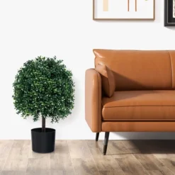 Tangkula 2 PCS Artificial Boxwood Topiary Ball Tree W/ Rated Leaves 343 White Fruits For Home