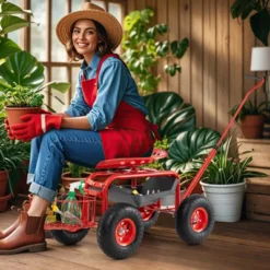 Tangkula Rolling Garden Cart Scooter W/ Adjustable Seat Storage Basket Tray Red