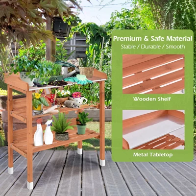 Tangkula Garden Wooden Potting Bench Work Station Table Tool W/5 Hooks Non-Slip Potting Tables Storage Shelf With Protective Footpads 9 Tangkula Garden Wooden Potting Bench Work Station Table Tool W/5 Hooks Non-Slip Potting Tables Storage Shelf With Protective Footpads - Image 7
