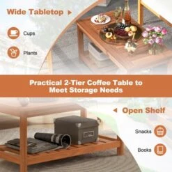 Tangkula Patio Hardwood Coffee Table 2-Tier Wooden Coffee Table With Slatted Tabletop & Storage Shelf Outdoor Rectangular Cocktail Table -Tangkula GUEST d4d77c49 0dd6 43e0 91bf 676fcdf7c6f9
