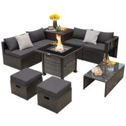 Tangkula 9 Pieces Furniture Set W/ 50,000 BTU Propane Fire Pit Table Patio Gray -Tangkula GUEST d5dad0f8 73ed 45bc aba7 ae20add4da62