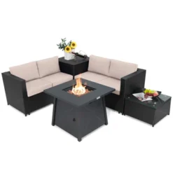 Tangkula 5-Piece Outdoor Patio Furniture Set With 50,000 BTU Propane Fire Pit Table Patio Conversation Set W/ Cushions, Storage Box, Coffee Table -Tangkula GUEST d5ebe9ae 0687 436e 8a47 c4e7eb7312f9