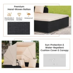 Tangkula Outdoor Wicker Lounge Daybed Hand-Woven PE Rattan Patio Loveseat Sofa Set With Retractable Canopy & 2 Side Tables With Soft Cushions Beige -Tangkula GUEST d6d57a5f 805d 4771 8878 61e2375f4801