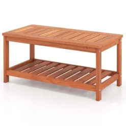 Tangkula Hardwood Outdoor Patio Coffee Table 2-Tier Coffee Table W/ Slat Tabletop & Storage Shelf Natural