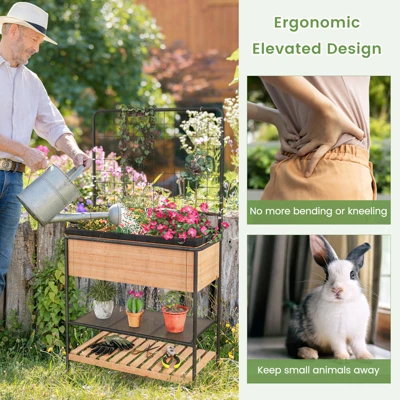 Tangkula Raised Wooden Garden Bed With Metal Trellis 59” Elevated Planter Box With Open Storage Shelves Removable Grid Divider 11 Tangkula Raised Wooden Garden Bed With Metal Trellis 59” Elevated Planter Box With Open Storage Shelves Removable Grid Divider - Image 9