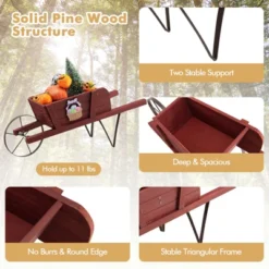 Tangkula Flower Pot Wheelbarrow Planter Solid Pine Wood Wagon Planter W/ Triangular Metal Support 2 Energy-saving Handles Movable Whee Walnut/Red -Tangkula GUEST d80e60f6 6e1c 4906 bbcb 5ddbc0217481