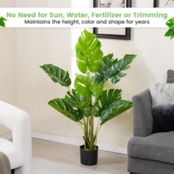 Tangkula Set Of 1/2 Artificial Monstera Deliciosa 4FT Fake Tropical Palm Tree Large Faux Floor Plant In Pot With 10 Leaves Of Different Sizes