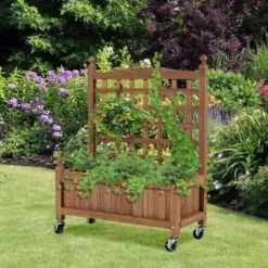 Tangkula 32in Wood Planter Box With Trellis And Wheels Mobile Plant Raised Bed For Indoor&Outdoor