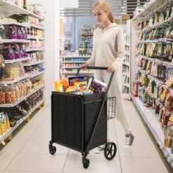 Tangkula 21 Tangkula Folding Shopping Cart Jumbo Upgraded Utility Grocery Cart W/ Waterproof Liner