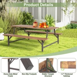 Tangkula 71" Patio Picnic Table Bench Set Outdoor Camping Table Set W/ Acacia Wood Tabletop & Seat 2" Umbrella Hole -Tangkula GUEST d96d3110 f052 4216 9884 51f13b1a3e51
