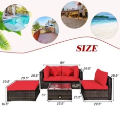 Tangkula 5PCS Rattan Sectional Sofa Set Patio Furniture Set W/ Red Cushion Pillow -Tangkula GUEST d9e976e2 f0c6 4bbb aa3e 3d809f18534e