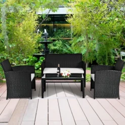 Tangkula 4 Piece Outdoor Patio Rattan Furniture Set Black Wicker Cushioned Seat For Garden, Porch, Lawn -Tangkula GUEST da03438e b3e4 47cd ba2d 726c9c0db97b